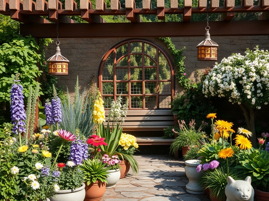 Уютный сад с яркими цветами, скамейкой и декоративными фонарями под деревянной перголой.