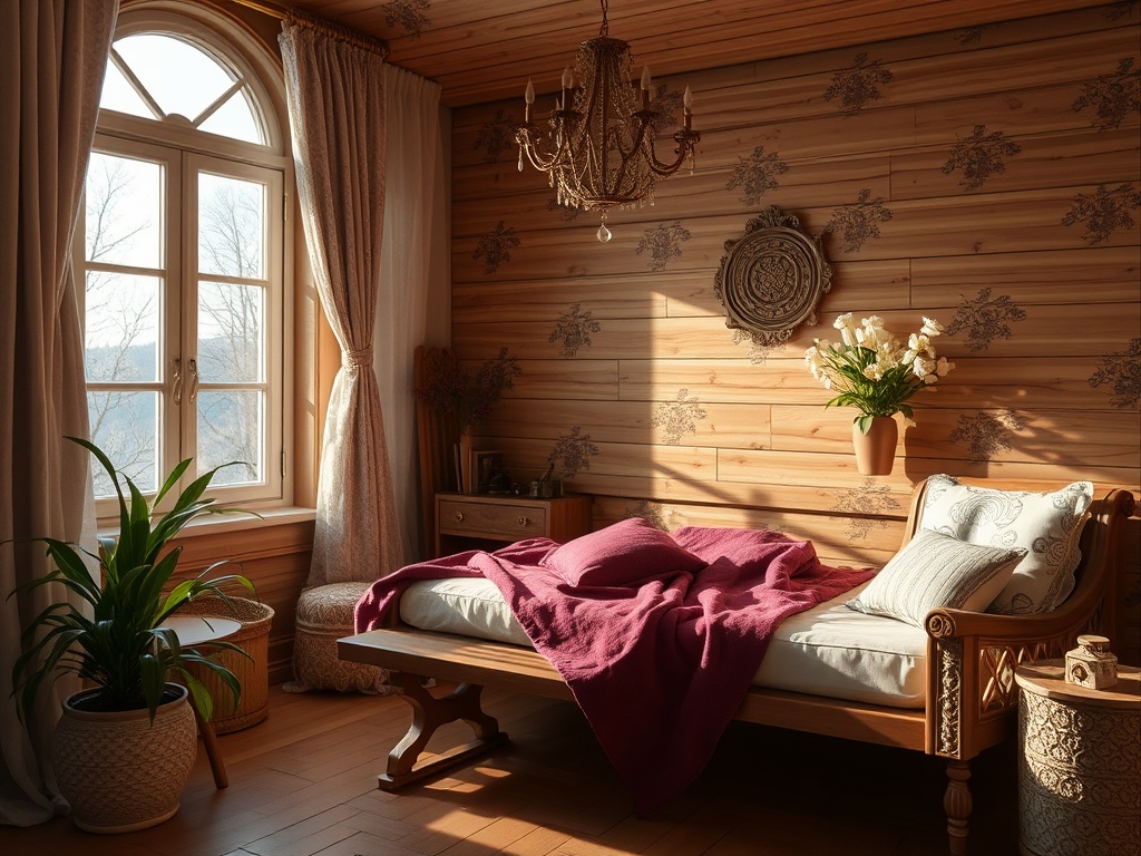 Уютная спальня с деревянными стенами, окном, растениями и светлым текстилем на кровати.