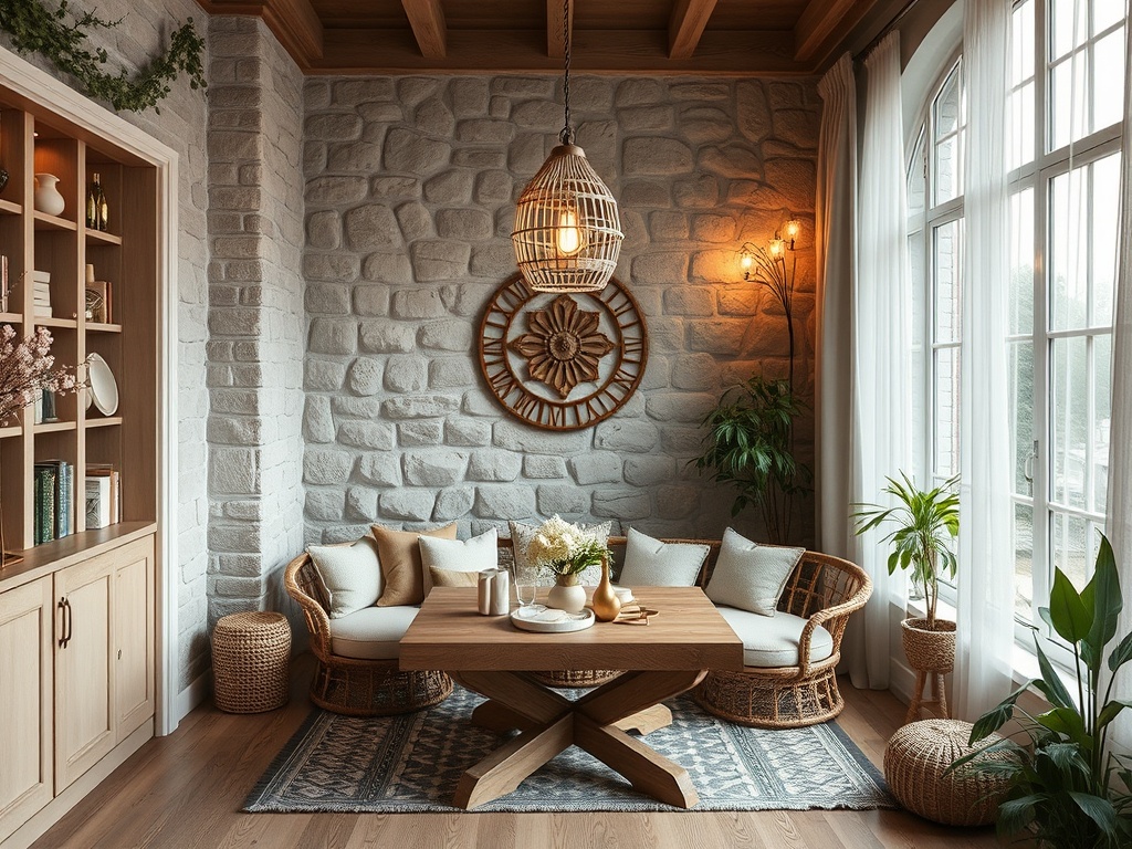 Современный уютный уголок с плетеными креслами, деревянным столом и зелеными растениями на фоне каменной стены.