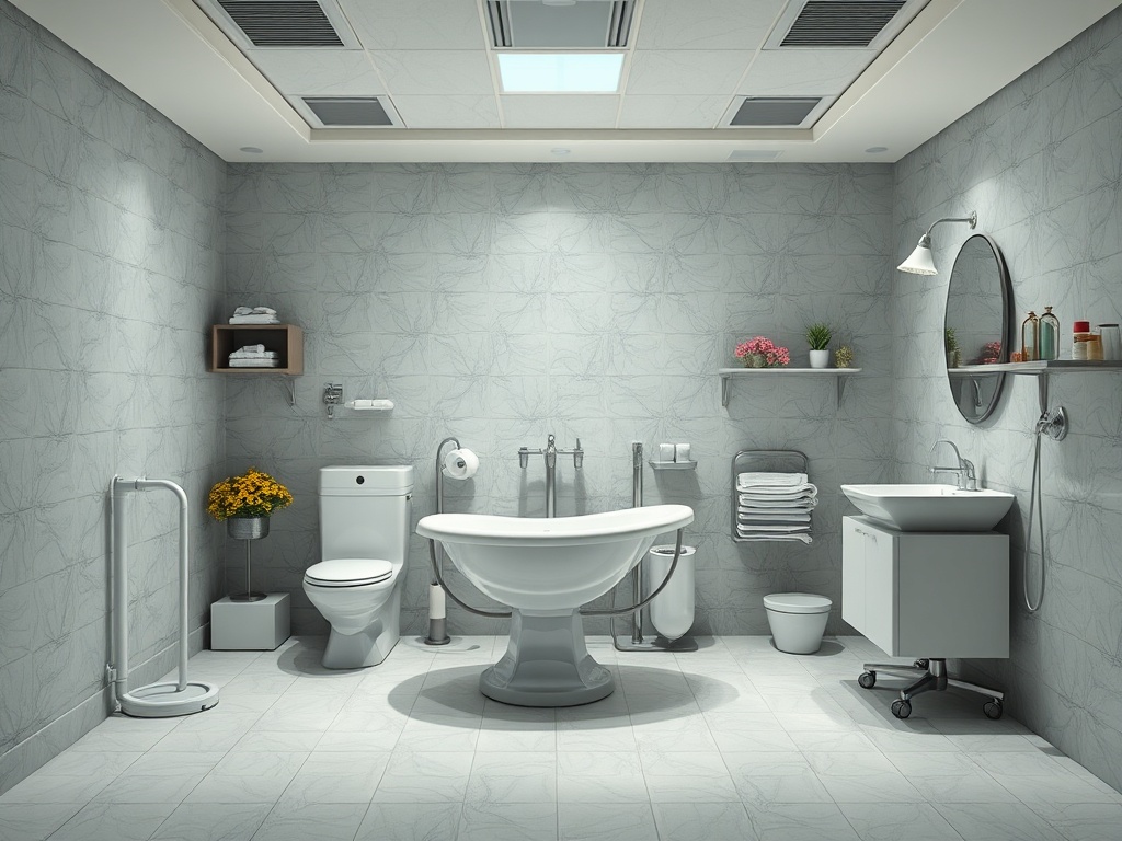 Современная ванная комната с ванной, унитазом, раковиной и элементами декора в ней. Светлые тона и аккуратный дизайн.