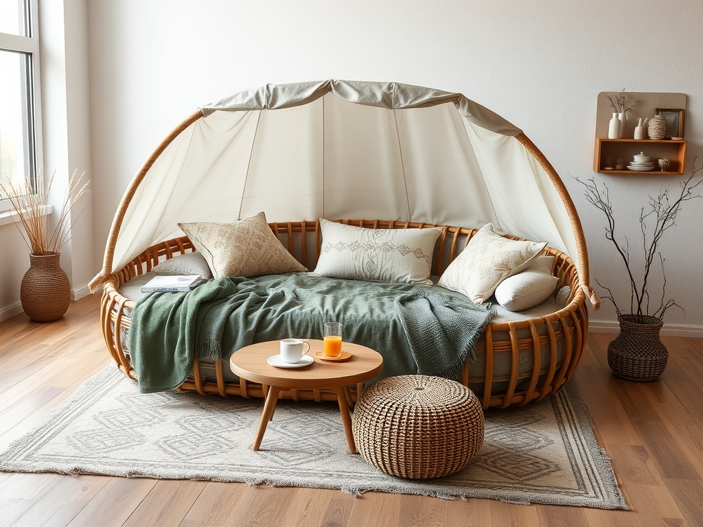 Современный уютный уголок с плетеным диваном, подушками и стильными аксессуарами на фоне светлого интерьера.